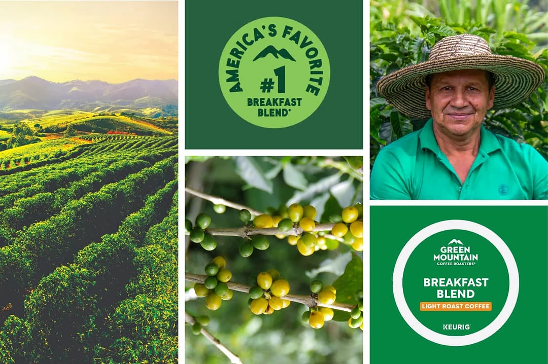 Green Mountain brand imagery of coffee-growing landscapes and a farmer